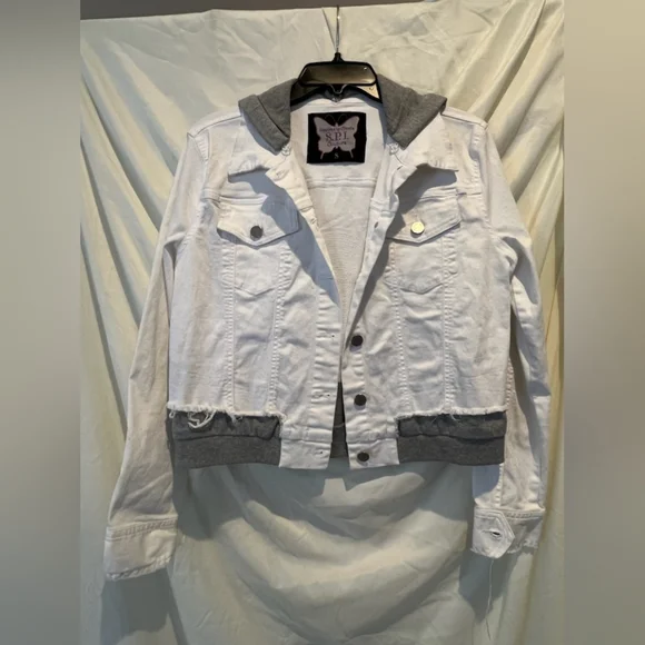 White Denim Jacket w/Removable Hood - Fits Small / Medium - Picture 2 of 2
